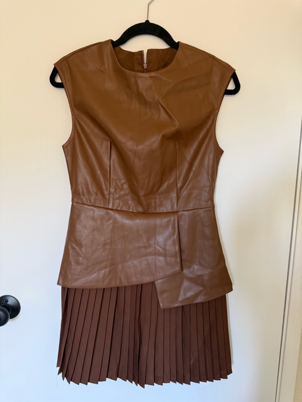 Commense Pleated Panel Sleeveless Faux Leather Dress - Picture 2 of 7